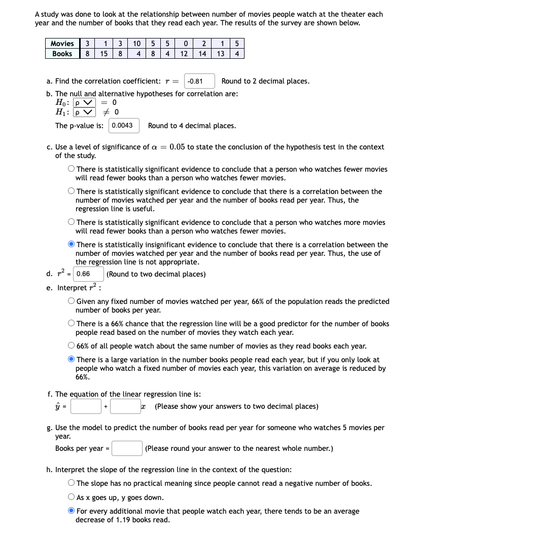 A study was done to look at the relationship between number of movies people watch at the theater each
year and the number of books that they read each year. The results of the survey are shown below.
Movies 3 1 3 10 5 5
Вooks
2
1
5
8 15 8
4 8 4 12 14 13 4
a. Find the correlation coefficient: r = -0.81
Round to 2 decimal places.
b. The null and alternative hypotheses for correlation are:
Ho: p v = 0
H1: p v 0
The p-value is: 0.0043
Round to 4 decimal places.
c. Use a level of significance of a = 0.05 to state the conclusion of the hypothesis test in the context
of the study.
O There is statistically significant evidence to conclude that a person who watches fewer movies
will read fewer books than a person who watches fewer movies.
O There is statistically significant evidence to conclude that there is a correlation between the
number of movies watched per year and the number of books read per year. Thus, the
regression line is useful.
O There is statistically significant evidence to conclude that a person who watches more movies
will read fewer books than a person who watches fewer movies.
O There is statistically insignificant evidence to conclude that there is a correlation between the
number of movies watched per year and the number of books read per year. Thus, the use of
the regression line is not appropriate.
d. r2 = 0.66
(Round to two decimal places)
e. Interpret r2 :
O Given any fixed number of movies watched per year, 66% of the population reads the predicted
number of books per year.
O There is a 66% chance that the regression line will be a good predictor for the number of books
people read based on the number of movies they watch each year.
O 66% of all people watch about the same number of movies as they read books each year.
O There is a large variation in the number books people read each year, but if you only look at
people who watch a fixed number of movies each year, this variation on average is reduced by
66%.
f. The equation of the linear regression line is:
ŷ =
a (Please show your answers to two decimal places)
g. Use the model to predict the number of books read per year for someone who watches 5 movies per
year.
Books per year =
(Please round your answer to the nearest whole number.)
h. Interpret the slope of the regression line in the context of the question:
O The slope has no practical meaning since people cannot read a negative number of books.
O As x goes up, y goes down.
O For every additional movie that people watch each year, there tends to be an average
decrease of 1.19 books read.
