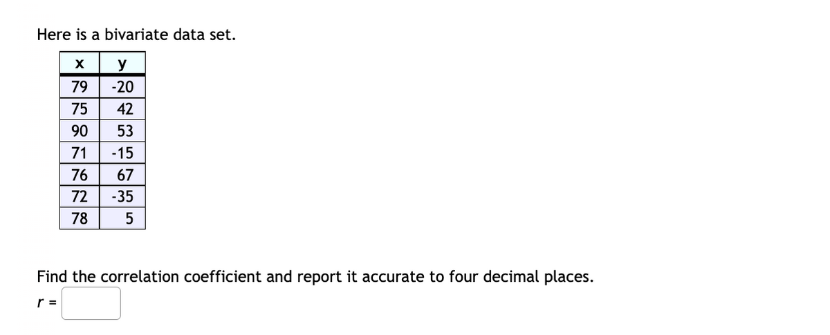 Here is a bivariate data set.
X
y
79
-20
75
42
90
53
71
-15
76
67
72
-35
78
Find the correlation coefficient and report it accurate to four decimal places.
r =

