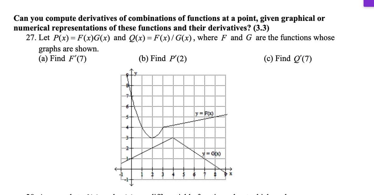 Can you compute derivatives of combinations of functions at a point, given graphical or
numerical representations of these functions and their derivatives? (3.3)
27. Let P(x) = F(x)G(x) and Q(x) = F(x)/G(x), where F and G are the functions whose
graphs are shown.
(a) Find F'(7)
(b) Find P'(2)
(c) Find Q'(7)
2-
y = F(x)
= G(x)