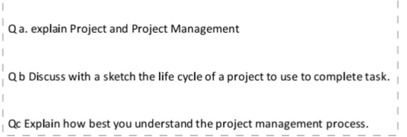 Qa. explain Project and Project Management
Qb Discuss with a sketch the life cycle of a project to use to complete task.
Qc Explain how best you understand the project management process.
