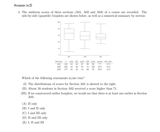 Answer is D
4. The midterm scores of three sections (A01, A02 and A03) of a course are recorded. The
side-by-side (quantile) boxplots are shown below, as well as a numerical summary by section:
555
Section
A01
(A) II only
(B) I and II only
(C) I and III only
(D) II and III only
(E) I, II and III
=
All
min Q1 med Q3 max mean
10 48 67
80
71
A02 200 19 46
A03 175 34
100 58.8
95
std. dev.
17.3
13.5
11.9
Which of the following statements is/are true?
(I) The distributions of scores for Section A01 is skewed to the right.
(II) About 50 students in Section A02 received a score higher than 71.
(III) If we constructed outlier boxplots, we would see that there is at least one outlier in Section
A03.