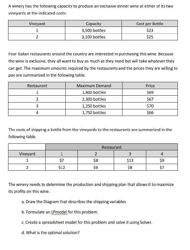 A winery has the following capacity to produce an exclusive dinner wine at either of its two
vineyards at the indicated costs:
Vineyard
Cost per Bottle
Саpacity
3,500 bottles
1
$23
2
3,100 bottles
$25
Four Italian restaurants around the country are interested in purchasing this wine. Because
the wine is exclusive, they all want to buy as much as they need but will take whatever they
can get. The maximum amounts required by the restaurants and the prices they are willing to
pay are summarized in the following table.
Restaurant
Maximum Demand
Price
1
1,800 bottles
$69
2
2,300 bottles
$67
3.
1,250 bottles
$70
4
1,750 bottles
$66
The costs of shipping a bottle from the vineyards to the restaurants are summarized in the
following table.
Restaurant
Vineyard
2
1
$7
$8
$13
$9
2
$12
$6
$8
$7
The winery needs to determine the production and shipping plan that allows it to maximize
its profits on this wine.
a. Draw the Diagram that describes the shipping variables
b. Formulate an LPmodel for this problem.
c. Create a spreadsheet model for this problem and solve it using Solver.
d. What is the optimal solution?
