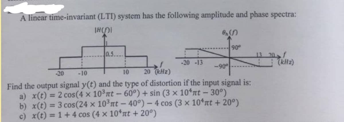 A linear time-invariant (LTI) system has the following amplitude and phase spectra:
IHDI
90
0.5.
13 20 f
(kHz)
-20 -13
-90
-20
-10
10
20 (kHz)
Find the output signal y(t) and the type of distortion if the input signal is:
a) x(t) = 2 cos(4 x 10 nt - 60°) + sin (3 x 10 nt- 30°)
b) x(t) = 3 cos(24 x 10 nt-40°) – 4 cos (3 x 10*nt + 20°)
c) x(t) = 1+4 cos (4 x 10*nt + 20°)
%3D
%3D
