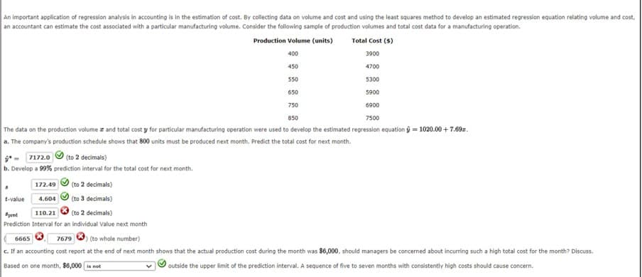 An important application of regression analysis in accounting is in the estimation of cost. By collecting data on volume and cost and using the least squares method to develop an estimated regression equation relating volume and cost,
an accountant can estimate the cost associated with a particular manufacturing volume. Consider the following sample of production volumes and total cost data for a manufacturing operation.
Production Volume (units)
Total Cost ($)
3900
400
450
4700
550
5300
650
5900
750
850
6900
7500
The data on the production volume and total cost y for particular manufacturing operation were used to develop the estimated regression equation ŷ = 1020.00 +7.69z.
a. The company's production schedule shows that 800 units must be produced next month. Predict the total cost for next month.
7172.0 (to 2 decimals)
b. Develop a 99% prediction interval for the total cost for next month.
172.49
(to 2 decimals)
t-value
Spred
4.604
110.21
(to 3 decimals)
(to 2 decimals)
Prediction Interval for an individual Value next month
6665
7679 (to whole number)
c. If an accounting cost report at the end of next month shows that the actual production cost during the month was $6,000, should managers be concerned about incurring such a high total cost for the month? Discuss.
Based on one month, $6,000 is not
outside the upper limit of the prediction interval. A sequence of five to seven months with consistently high costs should cause concern.