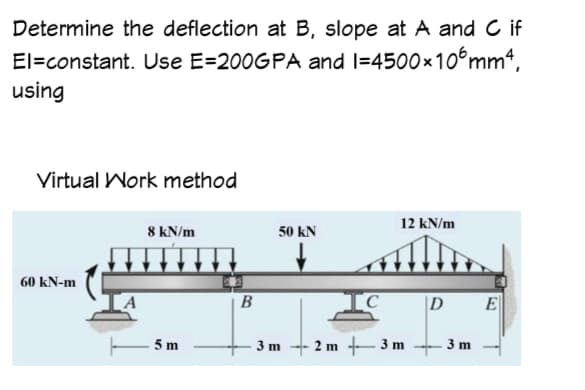 Determine the deflection at B, slope at A and C if
El=constant. Use E=200GPA and 1=4500x106mm²,
using
Virtual Work method
60 kN-m
8 kN/m
5m
B
50 KN
↓
3 m
C
12 kN/m
- 2m +3m
D
3 m
E
