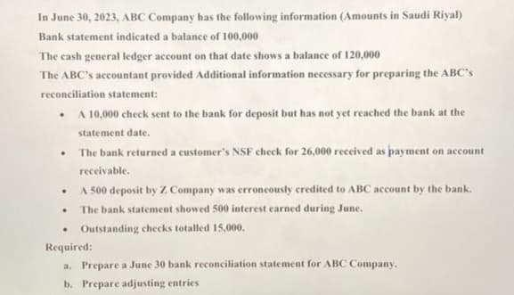 In June 30, 2023, ABC Company has the following information (Amounts in Saudi Riyal)
Bank statement indicated a balance of 100,000
The cash general ledger account on that date shows a balance of 120,000
The ABC's accountant provided Additional information necessary for preparing the ABC's
reconciliation statement:
A 10,000 check sent to the bank for deposit but has not yet reached the bank at the
statement date.
The bank returned a customer's NSF check for 26,000 received as payment on account
receivable.
• A 500 deposit by Z. Company was erroneously credited to ABC account by the bank.
The bank statement showed 500 interest earned during June.
• Outstanding checks totalled 15,000.
Required:
a. Prepare a June 30 bank reconciliation statement for ABC Company.
b. Prepare adjusting entries
.
.
.