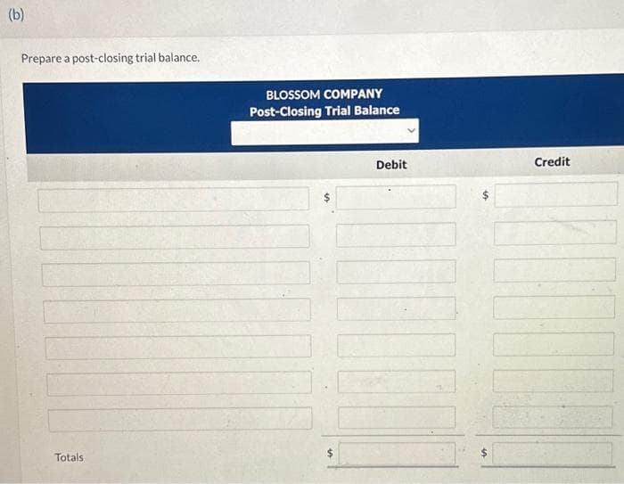 (b)
Prepare a post-closing trial balance.
Totals
BLOSSOM COMPANY
Post-Closing Trial Balance
$
Debit
10
Credit