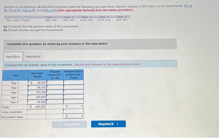 Gomez is considering a $245,000 investment with the following net cash flows. Gomez requires a 12% return on its investments. (PV of
$1. FV of $1. PVA of $1. and EVA of $1) (Use appropriate factor(s) from the tables provided.)
Net cash flows
(a) Compute the net present value of this investment.
(b) Should Gomez accept the investment?
Year
Complete this question by entering your answers in the tabs below.
Year 1
Year 2
Year 3
Year 4
Year 5
Year 1
$80,000
Totals
Initial investment
Net present value
Required A Required B
Compute the net present value of this investment. (Round your answers to the nearest whole dollar.)
Present Value
of Not Cash
Flows
Net Cash
Flows
Year 2
$56,000
$
80,000
56,000
100,000
160,000
49,000
$445,000
Present
Value of 1
at 12%
$
Year 3 Year 4
$100,000 $160,000
$
Required A
Year 5
$49,000
0
Required B >