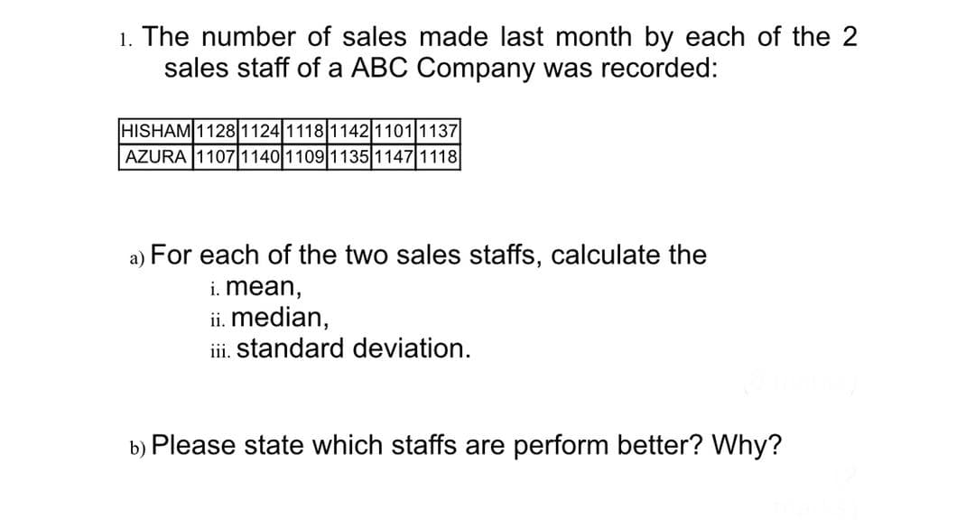 1. The number of sales made last month by each of the 2
sales staff of a ABC Company was recorded:
HISHAM 1128 1124 1118 1142 1101 1137
AZURA 11071140 1109 1135 1147 1118
a) For each of the two sales staffs, calculate the
i. mean,
ii. median,
ii. standard deviation.
b) Please state which staffs are perform better? Why?
