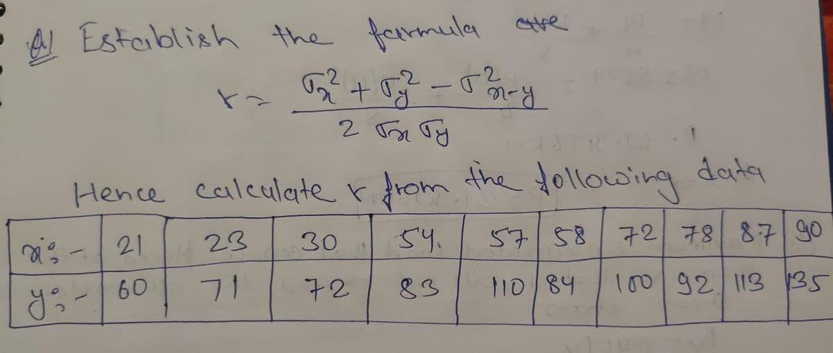 Establish the farmula ave
Hence calculate r drom
the following
data
21
23
30
54.
57 58 72 78 87go
60
フ1
72
83
10 84
100 92 113 135
