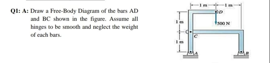 -1m 1m
Q1: A: Draw a Free-Body Diagram of the bars AD
and BC shown in the figure. Assume all
hinges to be smooth and neglect the weight
1 m
500 N
of each bars.
