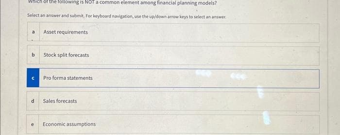 Which of the following is NOT a common element among financial planning models?
Select an answer and submit. For keyboard navigation, use the up/down arrow keys to select an answer.
a Asset requirements
b
с
d
e
Stock split forecasts
Pro forma statements
Sales forecasts
Economic assumptions