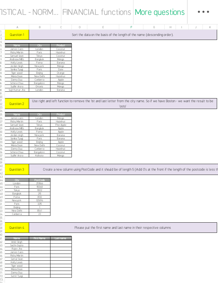 ISTICAL - NORM... FINANCIAL functions More questions
K
1
2
Question 1
Sort the data on the basis of the length of the name (descending order).
4
City
Product
Name
James Cann
London
Coconut
Ricky Martin
Paris
Hazelnut
Samuel Sean
Tokyo
Bangkok
Coconut
Andreaw MIIS
Mango
Kelly Lewis
Patna
Banana
Jordan Singh
Newyork
Paris
Mango
Sorika Tyagi
Date
Tiger wood
Orange
Bejing
4
Maria Dean
New Delhi
Hazelnut
Danny Duu
Carberra
Apple
Mango
Mango
Schera Chuu
Bangalore
Sudhir Arora
Suit Kumar ha
Ontarip
London
Banana
20
21
22
23
Use right and left function to remove the 1st and last letter from the city name. So if we have Boston - we want the result to be
Question 2
'osto
24
25
26
27
28
29
30
Product
Name
City
James can
London
Mango
Ricky Mar tin
Paris
Hazelnut
Pine Apple
Apple
Samuel Sean
Tokyo
Bangkok
Andreaw Mils
Kelly Lewis
Jordan singh
Apple
Banana
Patna
31
32
Newyork
Sorika Tyagi
Tiger wood
Paris
Banana
33
Being
Apple
34
35
Maria Dean
New Delhi
Соссrut
Danny Duu
Canberra
Hazelnut
36
Schera Chuu
Bangalore
Coconut
37
38
39
40
41
42
43
44
45
46
47
48
49
Sudhir Arora
Kolkata
Mango
Question 3
Create a new column using PostCode and it should be of length 5 (Add O's at the front if the length of the postcode is less th
City
PostCode
London
251866
Paris
110068
Tokyo
11002
Bangkok
25
Patna
8512
Newyork
125896
Paris
325
52
1
Beijing
New Delhi
8541
54
Canberra
23
57
Question 4
Please put the first name and last name in their respective columns
Frst Name
Last name
Name
Arkit Singh
Sachn Gupta
Rajev ha
34
James Carn
Ricky Mar tin
Samul Sean
Kelly Lewis
Tiger wood
Maria Dean
Darny Du
Sumit Tyag
72
73
