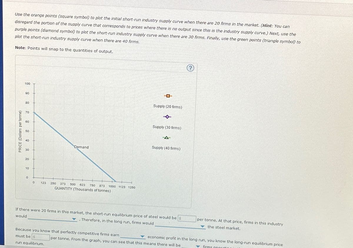 Use the orange points (square symbol) to plot the initial short-run industry supply curve when there are 20 firms in the market. (Hint: You can
disregard the portion of the supply curve that corresponds to prices where there is no output since this is the industry supply curve.) Next, use the
purple points (diamond symbol) to plot the short-run industry supply curve when there are 30 firms. Finally, use the green points (triangle symbol) to
plot the short-run industry supply curve when there are 40 firms.
Note: Points will snap to the quantities of output.
PRICE (Dollars per tonne)
100
90
20
70
80
50
Supply (20 firms)
Supply (30 firms)
A
40
Demand
Supply (40 firms)
30
20
10
0
0
123
250 373 500 623 750 873 1000 1123
QUANTITY (Thousands of tonnes)
1250
?
If there were 20 firms in this market, the short-run equilibrium price of steel would be $
would
. Therefore, in the long run, firms would
Because you know that perfectly competitive firms earn
must be $
run equilibrium.
per tonne. At that price, firms in this industry
the steel market.
per tonne, From the graph, you can see that this means there will be
economic profit in the long run, you know the long-run equilibrium price
firms one