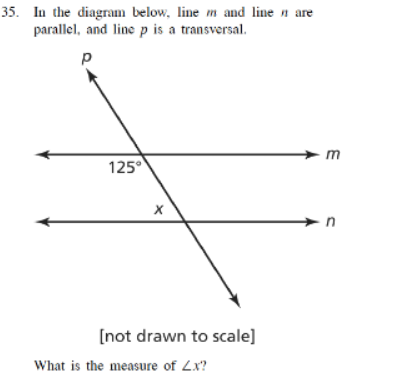 35. In the diagram below, line m and line n are
parallel, and line p is a transversal.
125°
n
[not drawn to scale]
What is the measure of Zx?
