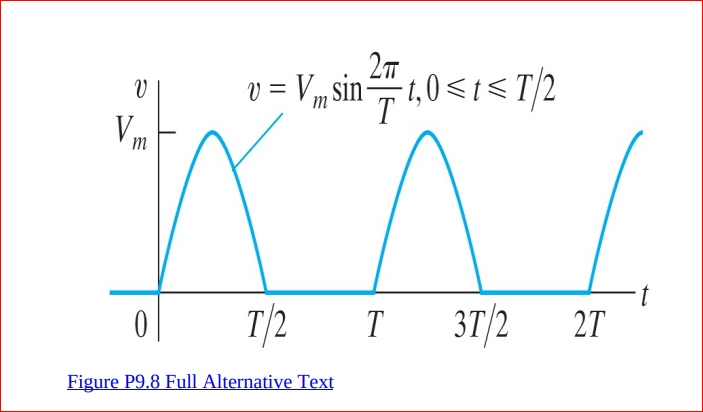 2т
V = Vm sin-
1,0<1<T/2
Vm
T/2
Зт/2
it.
27
Figure P9.8 Full Alternative Text
