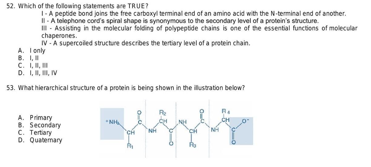 52. Which of the following statements are TRUE?
|- A peptide bond joins the free carboxyl terminal end of an amino acid with the N-terminal end of another.
II - A telephone cord's spiral shape is synonymous to the secondary level of a protein's structure.
III - Assisting in the molecular folding of polypeptide chains is one of the essential functions of molecular
chaperones.
IV - A supercoiled structure describes the tertiary level of a protein chain.
A. I only
B. I, I|
C. I, II, III
D. I, II, III, IV
53. What hierarchical structure of a protein is being shown in the illustration below?
R4
A. Primary
B. Secondary
C. Tertiary
D. Quaternary
+ NH
CH
NH
CH
'CH
CH
NH.
R1
R3
