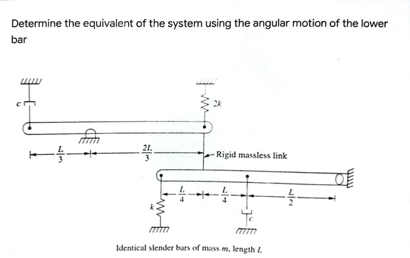 Determine the equivalent of the system using the angular motion of the lower
bar
2k
2L
3
L
-Rigid massless link
1.
Identical slender bars of mass m, length L
