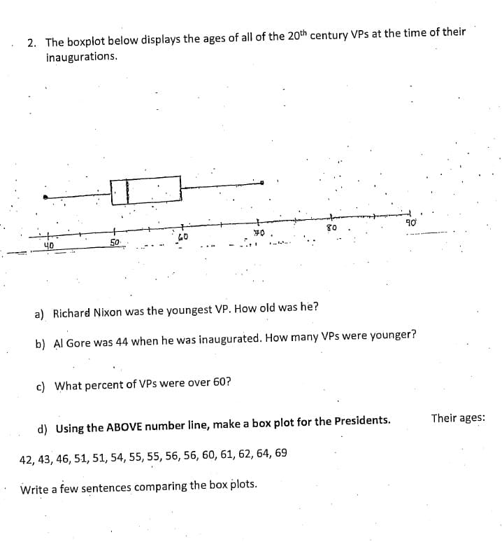 2. The boxplot below displays the ages of all of the 20th century VPs at the time of their
inaugurations.
40
08
40
50
a) Richard Nixon was the youngest VP. How old was he?
b) ẠI Gore was 44 when he was inaugurated. How many VPs were younger?
c) What percent of VPs were over 60?
d) Using the ABOVE number line, make a box plot for the Presidents.
Their ages:
42, 43, 46, 51, 51, 54, 55, 55, 56, 56, 60, 61, 62, 64, 69
Write a few sentences comparing the box plots.
