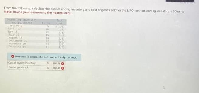 From the following, calculate the cost of ending inventory and cost of goods sold for the LIFO method, ending inventory is 50 units.
Note: Round your answers to the nearest cent.
Beginning inventory
and purchases
January 1
April 101
May 15
July 22
August 19
September 30
November 10
December 15.
5
Cost of ending inventory
Cost of goods sold
10
12
15
18.
20
32
16
THIE
cont
$1.40
1.90
2.40
2.65
3.40
3.60
3.80
4.20
Answer is complete but not entirely correct.
$
$
204.75
365.40