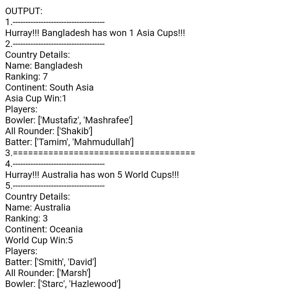 OUTPUT:
1.-
Hurray!!! Bangladesh has won 1 Asia Cups!!!
2.
Country Details:
Name: Bangladesh
Ranking: 7
Continent: South Asia
Asia Cup Win:1
Players:
Bowler: ['Mustafız', 'Mashrafee']
All Rounder: ['Shakib']
Batter: ['Tamim', 'Mahmudullah']
3.=
4.
Hurray!!! Australia has won 5 World Cups!!!
5.-
Country Details:
Name: Australia
Ranking: 3
Continent: Oceania
World Cup Win:5
Players:
Batter: ['Smith', 'David']
All Rounder: ['Marsh']
Bowler: ['Starc', 'Hazlewood']
