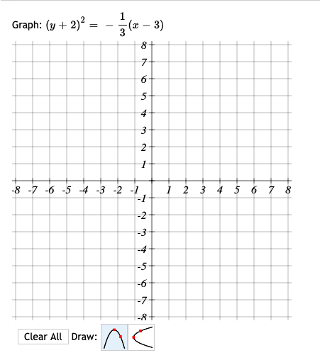 Graph: (y + 2)? :
3 (a – 3)
81
-8 -7 -6 -5 4 -3 -2 -1
1 2 3 4 5 6 7 8
-1
-2
-3
-4
-5
-6
-7
-8
Clear All Draw:
2.
