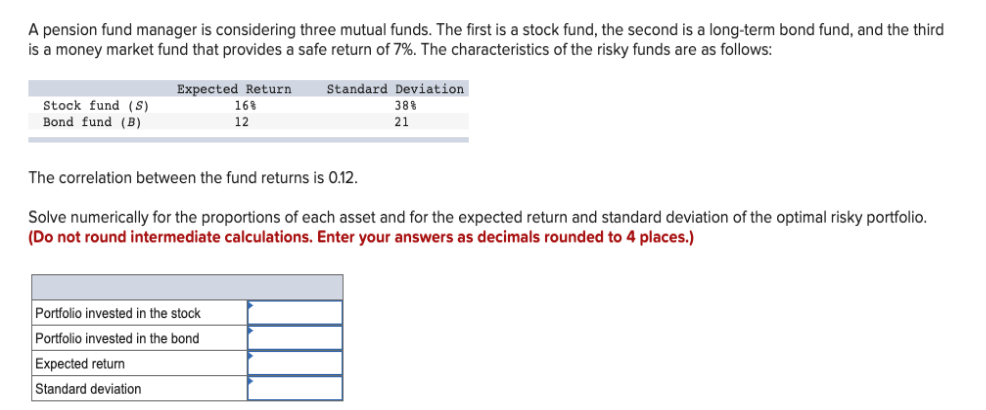 A pension fund manager is considering three mutual funds. The first is a stock fund, the second is a long-term bond fund, and the third
is a money market fund that provides a safe return of 7%. The characteristics of the risky funds are as follows:
Stock fund (S)
Bond fund (B)
Expected Return Standard Deviation
16%
12
The correlation between the fund returns is 0.12.
Solve numerically for the proportions of each asset and for the expected return and standard deviation of the optimal risky portfolio.
(Do not round intermediate calculations. Enter your answers as decimals rounded to 4 places.)
Portfolio invested in the stock
Portfolio invested in the bond
Expected return
Standard deviation
38%
21