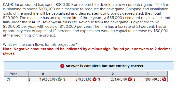 KADS, Incorporated has spent $300,000 on research to develop a new computer game. The firm
is planning to spend $100,000 on a machine to produce the new game. Shipping and installation
costs of the machine will be capitalized and depreciated using bonus depreciated; they total
$40,000. The machine has an expected life of three years, a $65,000 estimated resale value, and
falls under the MACRS seven-year class life. Revenue from the new game is expected to be
$500,000 per year, with costs of $150,000 per year. The firm has a tax rate of 21 percent, has an
opportunity cost of capital of 13 percent, and expects net working capital to increase by $50,000
at the beginning of the project.
What will the cash flows for this project be?
Note: Negative amounts should be indicated by a minus sign. Round your answers to 2 decimal
places.
Year
FCF
$
0
(190,000.00)
Answer is complete but not entirely correct.
2
1
279,501.00 $
281,643.00
3
390,706.00