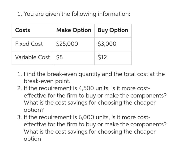 1. You are given the following information:
Make Option Buy Option
$25,000
$3,000
$12
Costs
Fixed Cost
Variable Cost $8
1. Find the break-even quantity and the total cost at the
break-even point.
2. If the requirement is 4,500 units, is it more cost-
effective for the firm to buy or make the components?
What is the cost savings for choosing the cheaper
option?
3. If the requirement is 6,000 units, is it more cost-
effective for the firm to buy or make the components?
What is the cost savings for choosing the cheaper
option