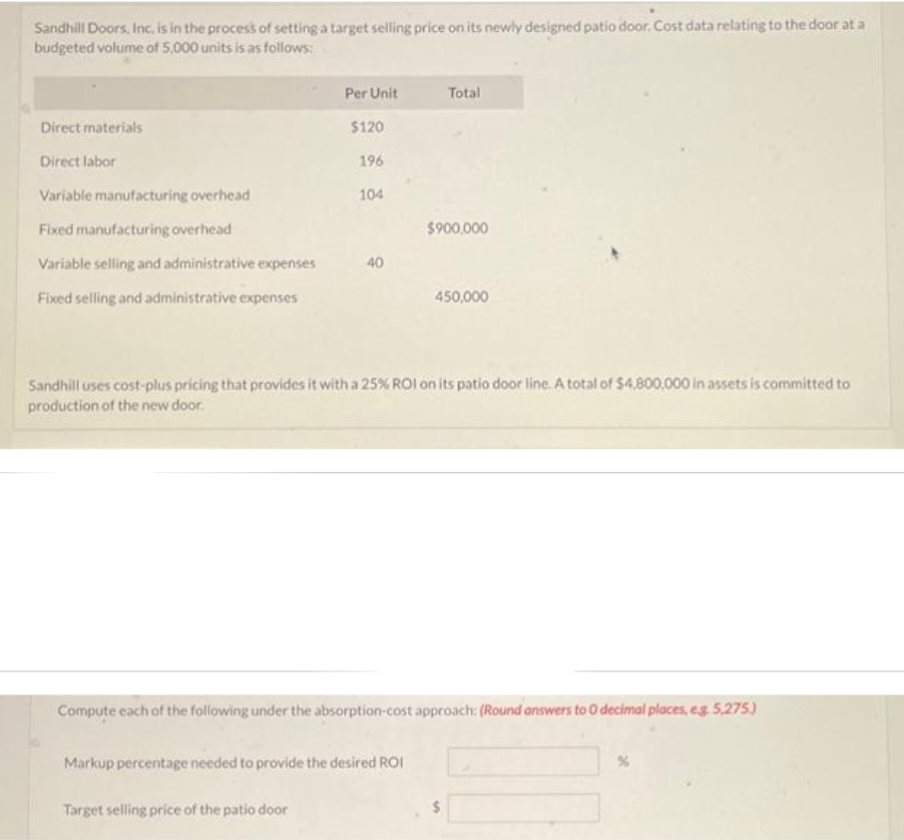 Sandhill Doors, Inc. is in the process of setting a target selling price on its newly designed patio door. Cost data relating to the door at a
budgeted volume of 5,000 units is as follows:
Direct materials
Direct labor
Variable manufacturing overhead
Fixed manufacturing overhead
Variable selling and administrative expenses
Fixed selling and administrative expenses
Per Unit
$120
196
104
Target selling price of the patio door
40
Total
Markup percentage needed to provide the desired ROI
$900,000
Sandhill uses cost-plus pricing that provides it with a 25% ROI on its patio door line. A total of $4,800,000 in assets is committed to
production of the new door.
450,000
Compute each of the following under the absorption-cost approach: (Round answers to O decimal places, eg. 5,275.)