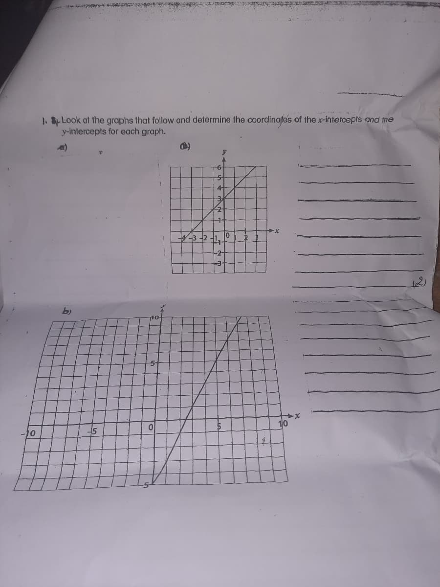 1. Look at the graphs that follow and determine the coordinafes of the x-intercepts and the
y-intercepts for each graph.
-4-
10
b)
