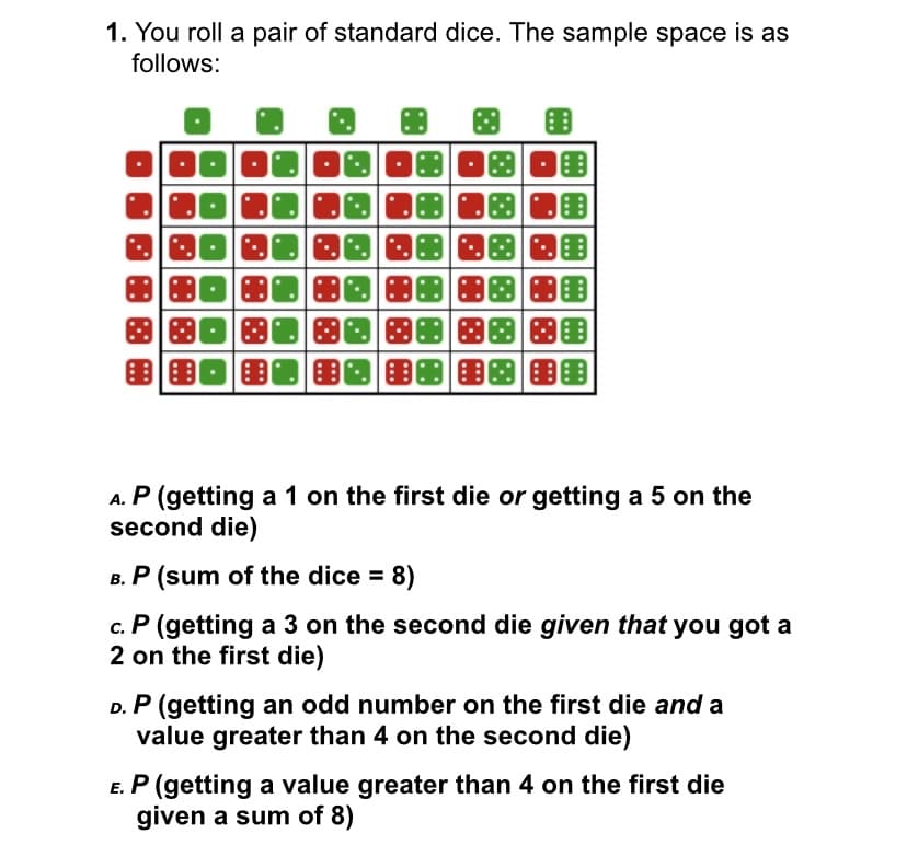 1. You roll a pair of standard dice. The sample space is as
follows:
田围图图图图
国圈国目 图图图围
A. P (getting a 1 on the first die or getting a 5 on the
second die)
B. P (sum of the dice =
8)
c. P (getting a 3 on the second die given that you got a
2 on the first die)
D. P (getting an odd number on the first die and a
value greater than 4 on the second die)
E. P (getting a value greater than 4 on the first die
given a sum of 8)
