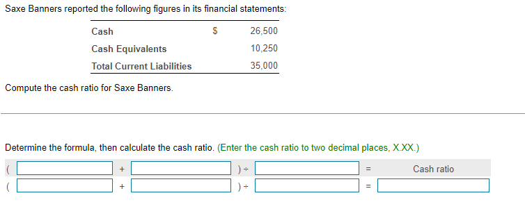 Saxe Banners reported the following figures in its financial statements:
S
26,500
10,250
35,000
Cash
Cash Equivalents
Total Current Liabilities
Compute the cash ratio for Saxe Banners.
Determine the formula, then calculate the cash ratio. (Enter the cash ratio to two decimal places, X.XX.)
+
+
||
=
Cash ratio