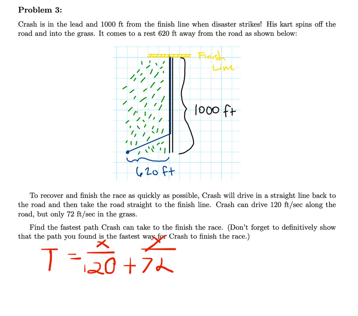 Problem 3:
Crash is in the lead and 1000 ft from the finish line when disaster strikes! His kart spins off the
road and into the grass. It comes to a rest 620 ft away from the road as shown below:
- Finish
Line
|000 ft
620 ft
To recover and finish the race as quickly as possible, Crash will drive in a straight line back to
the road and then take the road straight to the finish line. Crash can drive 120 ft/sec along the
road, but only 72 ft/sec in the grass.
Find the fastest path Crash can take to the finish the race. (Don't forget to definitively show
that the path you found is the fastest way for Crash to finish the race.)
120+72
