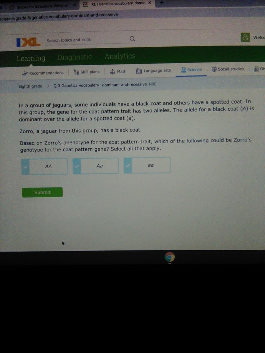 DE IXLI Genetics vocabulary domin x
T69 Grades for Na'asiasha Willams.
science/grade-8/genetics-vocabulary-dominant-and-recessive
IXL
8 Welca
Search topics and skills
Learning
Diagnostic
Analytics
Recommendations
Skill plans
4 Math
LLanguage arts
Science
Social studies
自OF
Eighth grade
Q.3 Genetics vocabulary: dominant and recessive NRE
In a group of jaguars, some individuals have a black coat and others have a spotted coat. In
this group, the gene for the coat pattern trait has two alleles. The allele for a black coat (A) is
dominant over the allele for a spotted coat (a).
Zorro, a jaguar from this group, has a black coat.
Based on Zorro's phenotype for the coat pattern trait, which of the following could be Zorro's
genotype for the coat pattern gene? Select all that apply.
AA
Aa
aa
Submit
