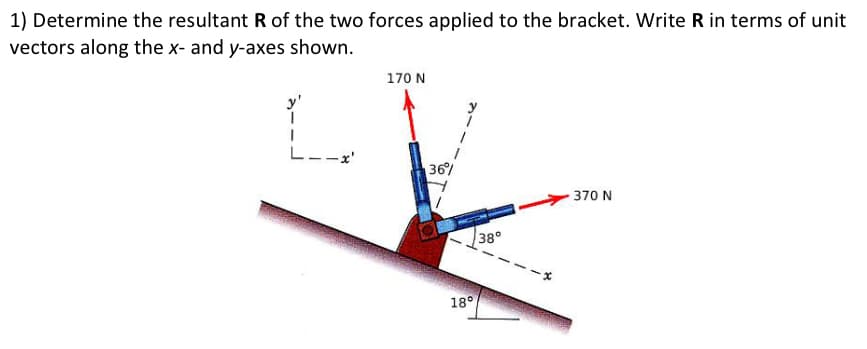 1) Determine the resultant R of the two forces applied to the bracket. Write R in terms of unit
vectors along the x- and y-axes shown.
T
1
-x'
170 N
36%
18°
38°
370 N