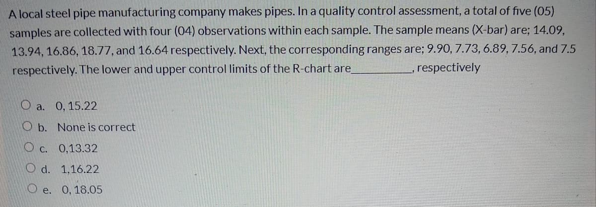 A local steel pipe manufacturing company makes pipes. In a quality control assessment, a total of five (05)
samples are collected with four (04) observations within each sample. The sample means (X-bar) are; 14.09,
13.94, 16.86, 18.77, and 16.64 respectively. Next, the corresponding ranges are; 9.90, 7.73, 6.89, 7.56, and 7.5
respectively. The lower and upper control limits of the R-chart are
respectively
O a. 0,15.22
Ob. Noneis correct
O c.
0,13.32
O d. 1,16.22
e. 0,18.05
