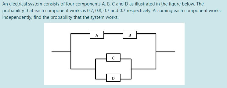 An electrical system consists of four components A, B, C and D as illustrated in the figure below. The
probability that each component works is 0.7, 0.8, 0.7 and 0.7 respectively. Assuming each component works
independently, find the probability that the system works.
A
B
D
