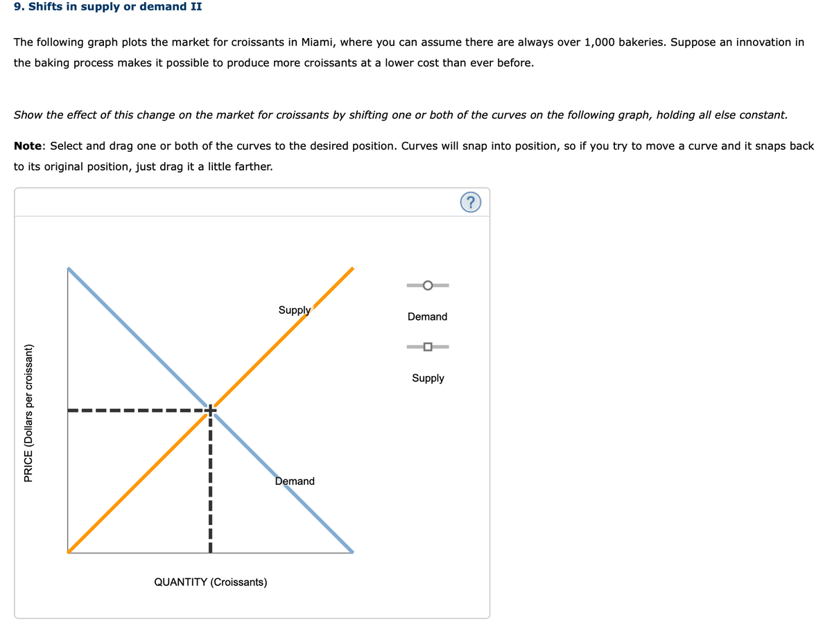 9. Shifts in supply or demand II
The following graph plots the market for croissants in Miami, where you can assume there are always over 1,000 bakeries. Suppose an innovation in
the baking process makes it possible to produce more croissants at a lower cost than ever before.
Show the effect of this change on the market for croissants by shifting one or both of the curves on the following graph, holding all else constant.
Note: Select and drag one or both of the curves to the desired position. Curves will snap into position, so if you try to move a curve and it snaps back
to its original position, just drag it a little farther.
PRICE (Dollars per croissant)
QUANTITY (Croissants)
Supply
Demand
中員中書
Demand
Supply
?