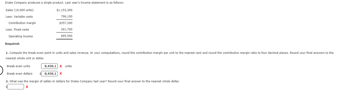 Drake Company produces a single product. Last year's income statement is as follows:
Sales (19,000 units)
$1,153,300
Less: Variable costs
796,100
Contribution margin
$357,200
Less: Fixed costs
261,700
Operating income
$95,500
Required:
1. Compute the break-even point in units and sales revenue. In your computations, round the contribution margin per unit to the nearest cent and round the contribution margin ratio to four decimal places. Round your final answers to the
nearest whole unit or dollar.
Break-even units
8,450.1 x units
Break-even dollars
8,450.1 x
2. What was the margin of safety in dollars for Drake Company last year? Round your final answer to the nearest whole dollar.
