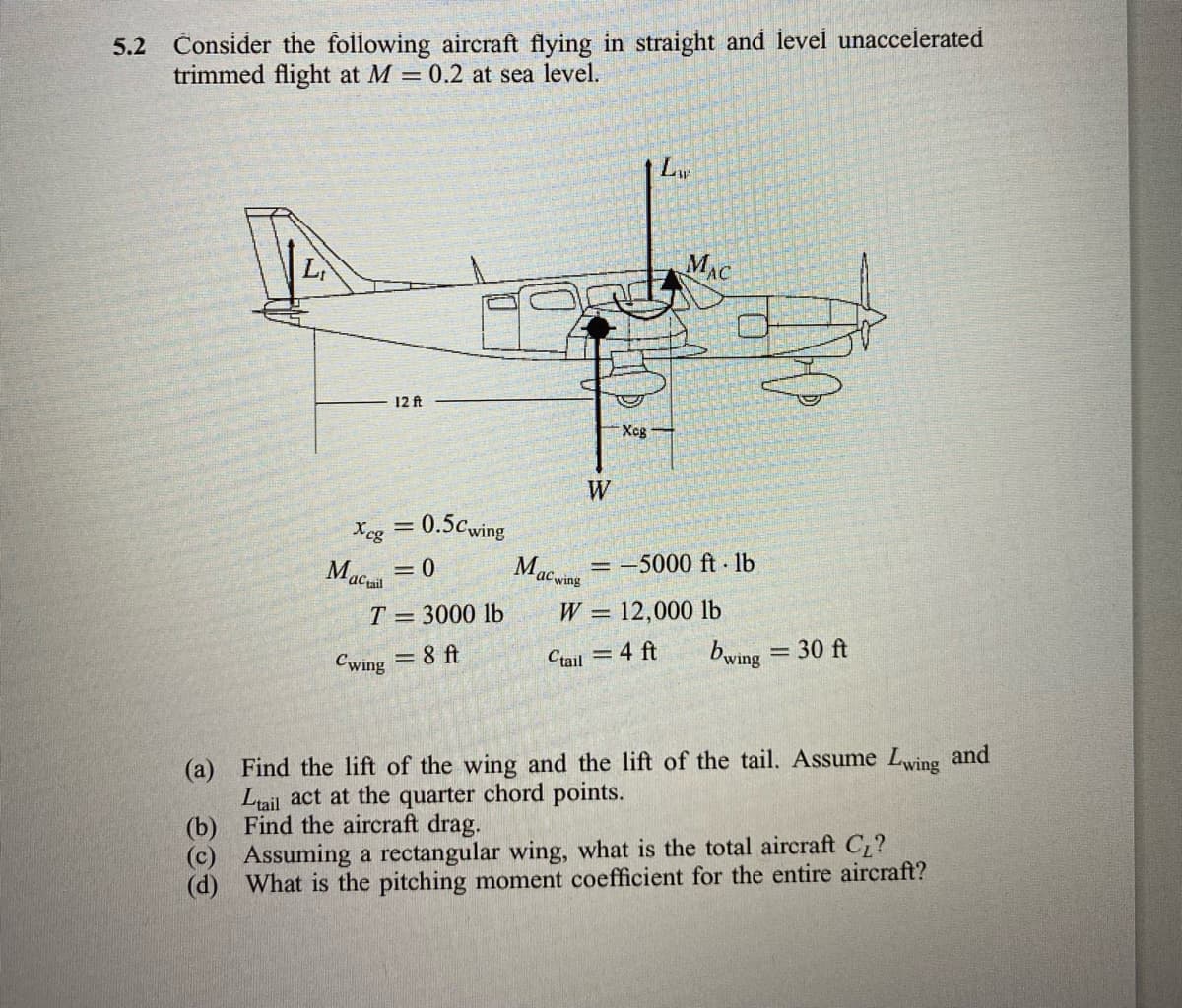 5.2 Consider the following aircraft flying in straight and level unaccelerated
trimmed flight at M 0.2 at sea level.
MAC
12 ft
Xeg
W
Xcg
0.5cwing
Macail
Macit
= -5000 ft lb
= 0
ac wing
T = 3000 lb
W = 12,000 lb
Ctail =4 ft
bwing = 30 ft
Cwing = 8 ft
(a) Find the lift of the wing and the lift of the tail. Assume Lwing and
Ltail act at the quarter chord points.
(b) Find the aircraft drag.
(c) Assuming a rectangular wing, what is the total aircraft C,?
(d) What is the pitching moment coefficient for the entire aircraft?
