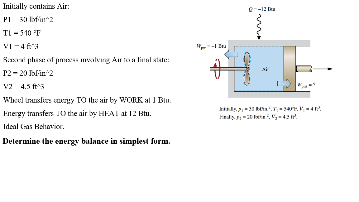 Initially contains Air:
P1 = 30 lbf/in^2
T1 = 540 °F
V1 = 4 ft^3
Second phase of process involving Air to a final state:
P2 = 20 lbf/in^2
V2 = 4.5 ft^3
Wheel transfers energy TO the air by WORK at 1 Btu.
Energy transfers TO the air by HEAT at 12 Btu.
Ideal Gas Behavior.
Determine the energy balance in simplest form.
Wpw
=-1 Btu
Ima
Q = -12 Btu
Air
Wpist
= ?
Initially, p₁ = 30 lbf/in.², T₁ = 540°F, V₁ = 4 ft³.
Finally, p2 = 20 lbf/in.², V₂ = 4.5 ft³.