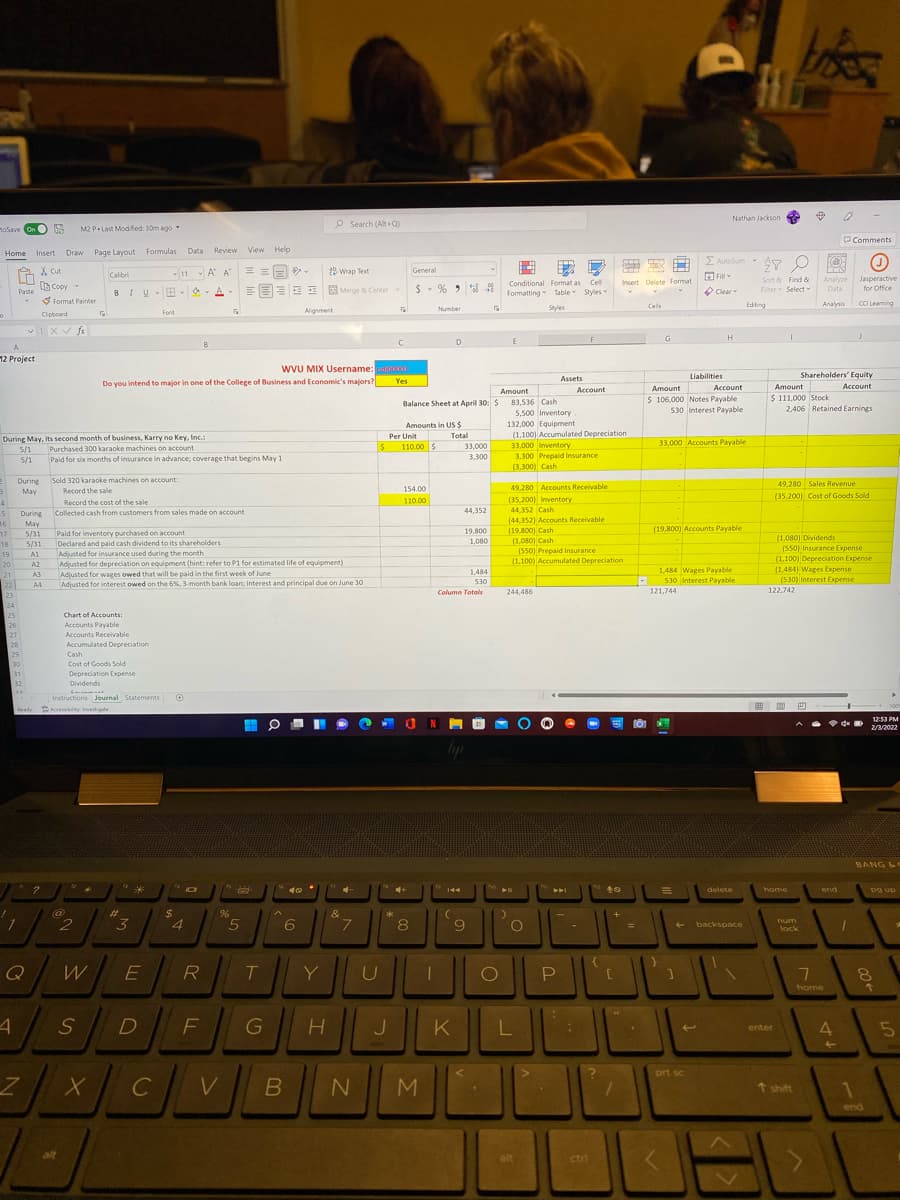 Nathan Jackson
P Search (Alt Q)
105ave On
M2 P. Last Modied 30m ago
O Comments
Home Insert Draw
Page Layout Formulas
Data
Review
View Help
E AutoSum v
X Cut
B Copy
Calibri
- 11 - A A
== = -
2 Wrap Text
General
E Fill
Jasperactive
for Office
Cell
Insert Delete Format
Sort & Find &
Analyze
EE Merge & Center
$- % 9 8
Conditional Format as
Table Styles
BIUE- - A
O Clear
Fiter Select .
Data
Paste
Formatting-
S Format Painter
Editing
Analysis
CCI Leaming
Number
Styles
Cels
Cipboard
Font
Aligment
G
D
B
A.
12 Project
WVU MIX Username: a
Liabilities
Shareholders' Equity
Assets
Do you intend to major in one of the College of Business and Economic's majors? Yes
Amount
Account
Amount
Account
Amount
Account
83,536 Cash
5.500 Inventory
$ 106,000 Notes Payable
530 Interest Payable
$ 111,000 Stock
2,406 Retained Earnings
Balance Sheet at April 30: $
132,000 Equipment
(1,100) Accumulated Depreciation
33,000 Inventory
3,300 Prepaid Insurance
(3,300) Cash
Amounts in US $
Total
During May, its second month of business, Karry no Key, Inc.
5/1
Per Unit
33,000 Accounts Payable
110.00 $
33,000
3,300
Purchased 300 karaoke machines on account
5/1
Paid for six months of insurance in advance; coverage that begins May 1
During
Sold 320 karaoke machines on account:
49,280 Sales Revenue
154.00
49.280 Accounts Receivable
May
Record the sale
(35,200) Cost of Goods Sold
Record the cost of the sale
110.00
(35,200) Inventory
4
During
16
44,352 Cash
(44,352) Accounts Receivable
Collected cash from customers from sales made on account
44,352
May
(19,800) Accounts Payable
(19,800) Cash
(1,080) Cash
(550) Prepaid Insurance
(1.100) Accumulated Depreciation
17
5/31
Paid for inventory purchased on account
19,800
18 5/31
1,080
(1,080) Dividends
Declared and paid cash dividend to its shareholders
Adiusted for insurance used during the month
Adjusted for depreciation on equipment (hint: refer to P1 for estimated life of equipment)
(S50) Insurance Expense
19
A1
20
21
22
(1.100) Depreciation Expense
(1,484) Wages Expense
(530) Interest Expense
A2
1,484 Wages Payable
530 Interest Payable
1,484
Adjusted for wages owed that will be paid in the first week of June
Adjusted for interest owed on the 6%, 3-month bank loanç interest and principal due on June 30
A3
530
A4
Column Totals
244,486
121,744
122,742
23
24
25
Chart of Accounts:
Accounts Payable
26
27
Accounts Receivable
26
Accumulated Depreciation
Cash
Cost of Goods Sold
Depreciation Expense
32
Dividends
Instructions Journal Statements
画 回 回
100
Ready
Accesblitty Investigate
12:53 PM
2/3/2022
BANG LC
delete
e
home
end
pg up
144
%23
2$
2
"3
6.
&
L.
5
8
9
num
backspace
lock
Q
W
E
R
T
Y
P
7.
home
S
D
F
G
4.
enter
prt sc
↑ shift
1
end
alt
ctri
