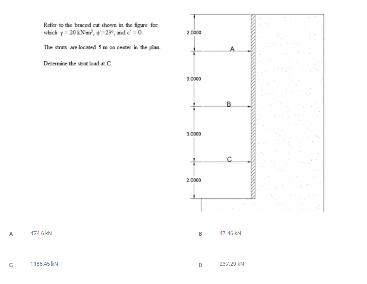 Refer to the braced cut shown in the figure for
which y= 20 kN/m², o'=23º, and c' = 0.
2.0000
The struts are located 5 m on center in the plan.
Determine the strut load at C.
3.0000
B.
3.0000
2.0000
A
474.6 kN
B
47.46 kN
1186.45 kN
D
237.29 kN
