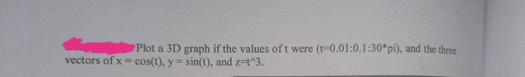 Plot a 3D graph if the values of t were (t-0.01:0.1:30*pi), and the three
vectors of x = cos(t), y = sin(t), and z-t^3.
