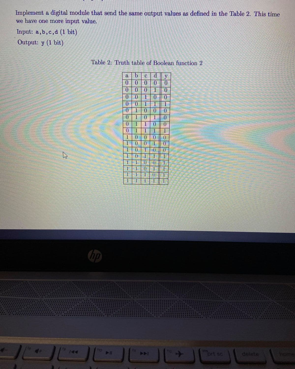 Implement a digital module that send the same output values as defined in the Table 2. This time
we have one more input value.
Input: a,b, c,d (1 bit)
Output: y (1 bit)
Table 2: Truth table of Boolean function 2
a.
0.
0.
0.
0.
0.
1.
0.
1.
1.
0.
0.
1.
0.
1.
1
0.
0 1
1.
0.
1.
1.
01
0.
0.
1.
0.
0.
0 1
10
1|1|0
1.
1.
1.
hp
tg
f10
12
ins
prt sc
delete
