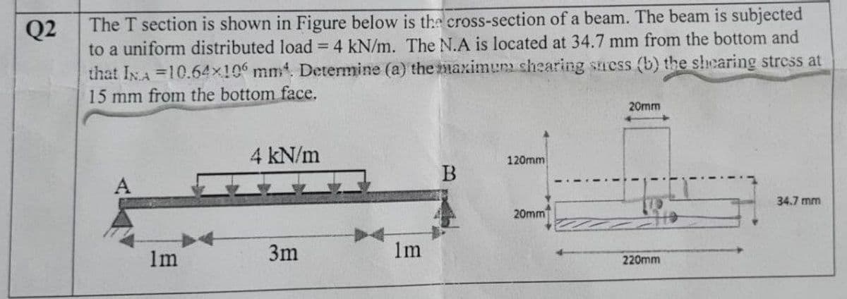 The T section is shown in Figure below is the cross-section of a beam. The beam is subjected
to a uniform distributed load = 4 kN/m. The N.A is located at 34.7 mm from the bottom and
that IxA =10.64x106 mm. Determine (a) the maximum shearing suess (b) the shearing stress at
15 mm from the bottom face.
Q2
%3D
20mm
4 kN/m
120mm
A
34.7 mm
20mm
lm
3m
1m
220mm
TT
