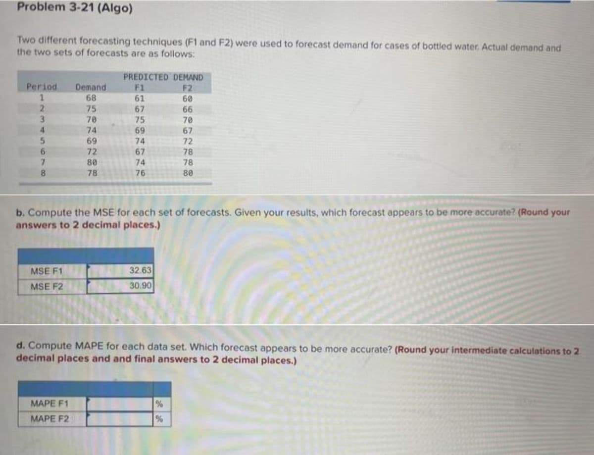 Problem 3-21 (Algo)
Two different forecasting techniques (F1 and F2) were used to forecast demand for cases of bottled water. Actual demand and
the two sets of forecasts are as follows:
PREDICTED DEMAND
Demand
F1
F2
Period
1
68
61
60
2
75
67
66
3
70
75
70
4
74
69
67
5
69
74
72
6
72
67
78
80
74
78
8
78
76
80
b. Compute the MSE for each set of forecasts. Given your results, which forecast appears to be more accurate? (Round your
answers to 2 decimal places.)
MSE F1
32.63
MSE F2
30.90
d. Compute MAPE for each data set. Which forecast appears to be more accurate? (Round your intermediate calculations to 2
decimal places and and final answers to 2 decimal places.)
MAPE F1
%
MAPE F2
%