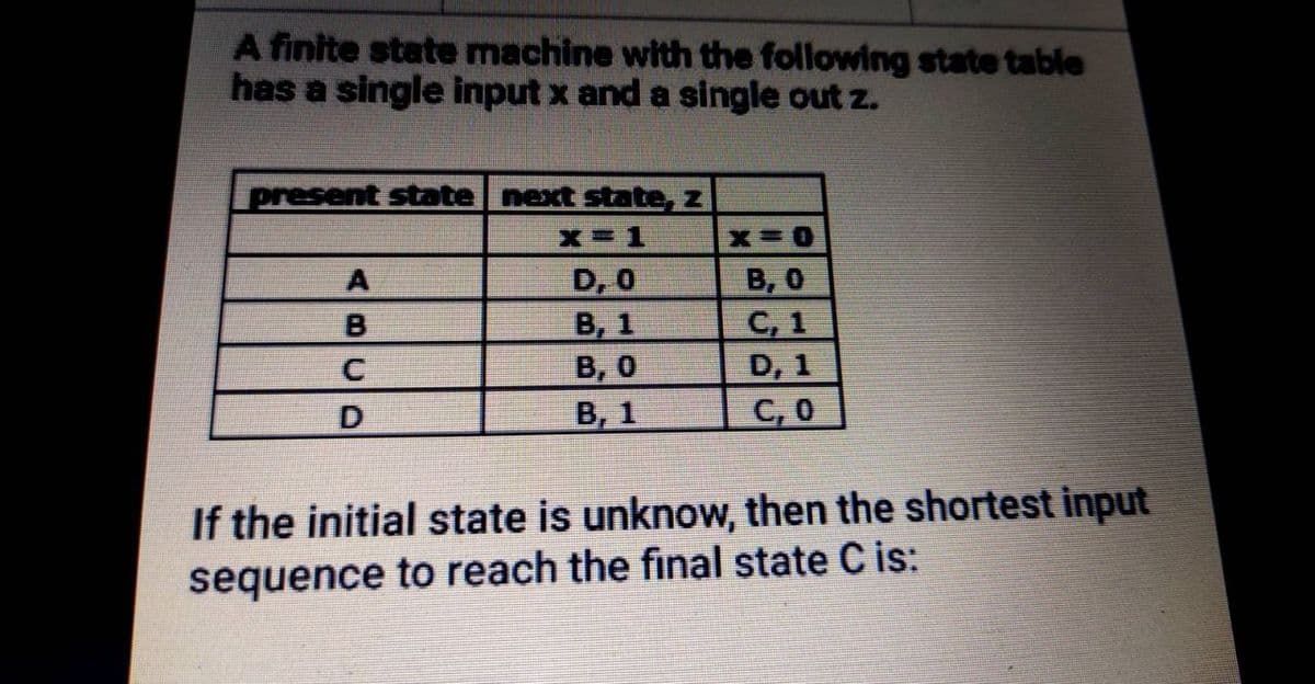 A finite state machine with the following state table
has a single input x and a single out z.
present state next state, z
x 1
D, 0
В, 1
В, о
В, 1
A
B, 0
C, 1
D, 1
C, 0
B
If the initial state is unknow, then the shortest input
sequence to reach the final state C is:
