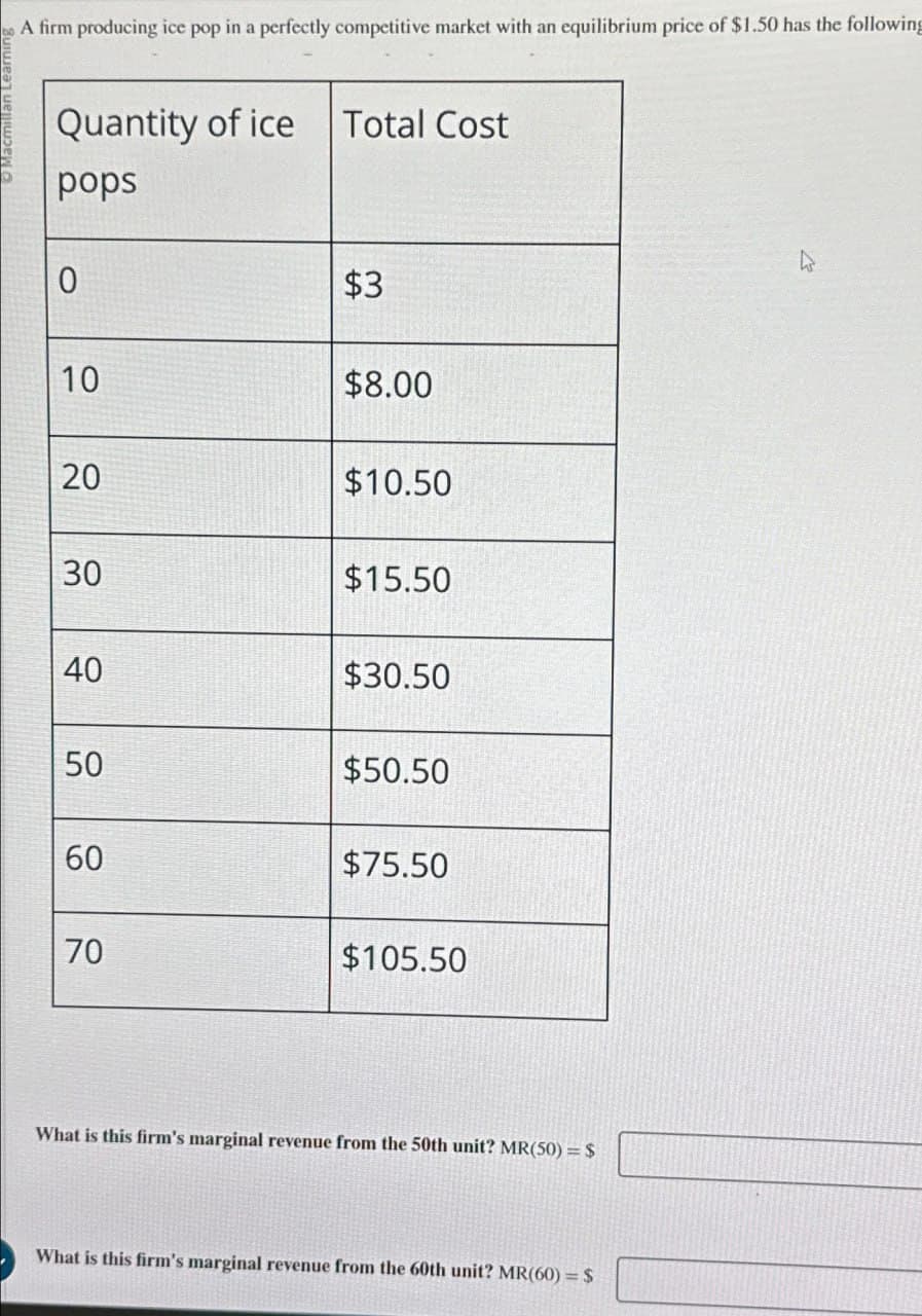 A firm producing ice pop in a perfectly competitive market with an equilibrium price of $1.50 has the following
Quantity of ice
Total Cost
pops
0
$3
10
$8.00
20
20
$10.50
30
$15.50
59
40
$30.50
50
$50.50
60
60
$75.50
70
70
$105.50
What is this firm's marginal revenue from the 50th unit? MR(50) = $
What is this firm's marginal revenue from the 60th unit? MR(60) = $